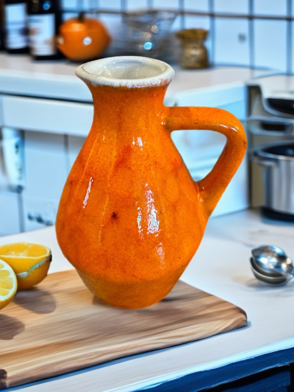 Vintage West German Art Pottery Jug - Vibrant Orange Glaze